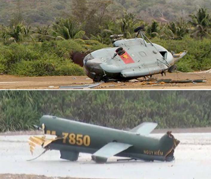 Hiện trường trực thăng rơi gãy đôi ở đảo Phú Quý