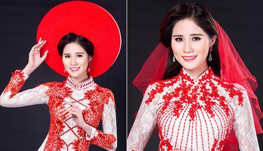 Hoàng Hạnh làm cô dâu lộng lẫy với áo dài ren đính đá Tommy Nguyễn