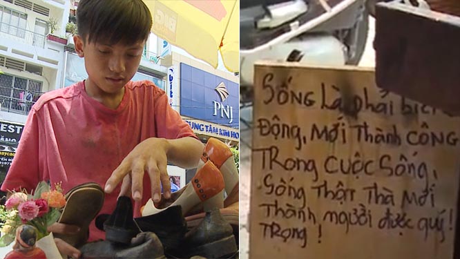 Thanh niên nghèo sửa giày miễn phí trên phố Sài Gòn