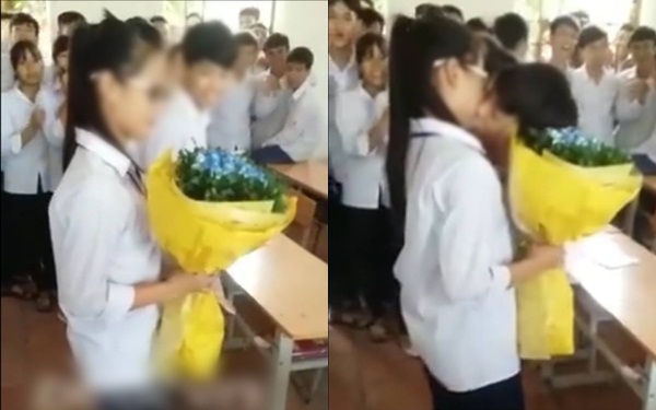 Học sinh tặng hoa và... hôn nhau ngay trong lớp
