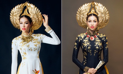 Hai bộ áo dài nhũ vàng của Phạm Hương ở Miss Universe