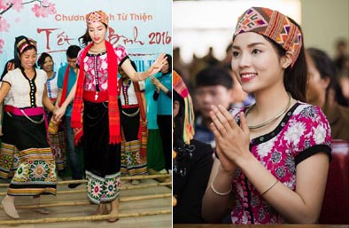 Hoa hậu Kỳ Duyên mặc trang phục dân tộc Thái nhảy sạp trong chuyến đi từ thiện