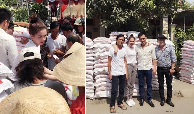 Ngọc Trinh giản dị về quê nhà làm từ thiện 14 tấn gạo