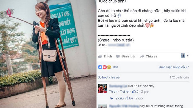 Nữ sinh mất một chân rạng rỡ chụp ảnh selfie