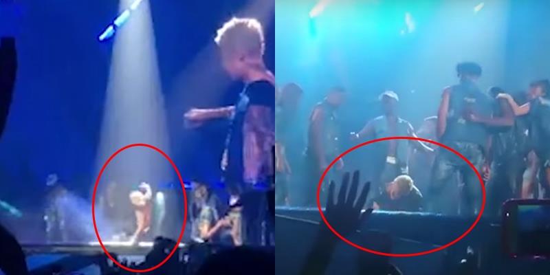 Đá nước vào vũ công, Justin Bieber trượt ngã dập mông trong concert