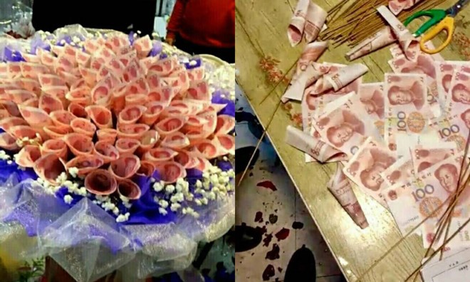 Chàng trai Trung Quốc tặng bạn gái bó hoa làm từ tiền