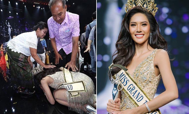 Hoa hậu Hòa bình Thái Lan quỳ lạy cảm ơn cha mẹ sau khi đăng quang
