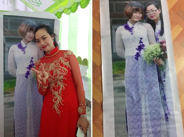 Cô dâu chụp ảnh cùng hình bạn thân trong ngày cưới