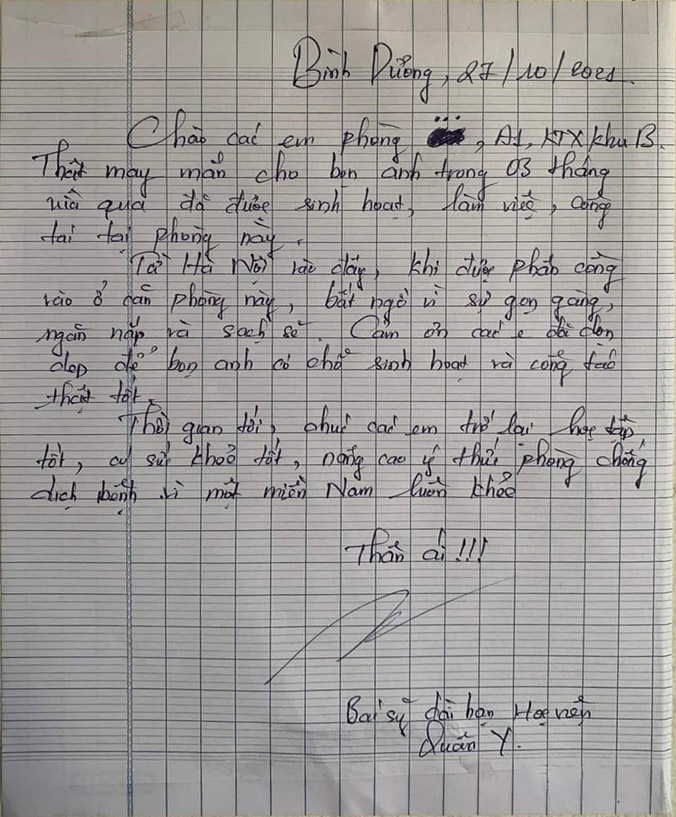 Lá thư viết tay của bác sĩ chống dịch để lại ký túc xá