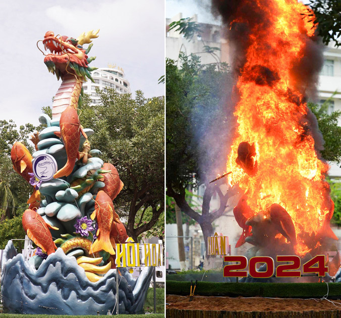 Cháy mô hình rồng ở công viên trung tâm Nha Trang
